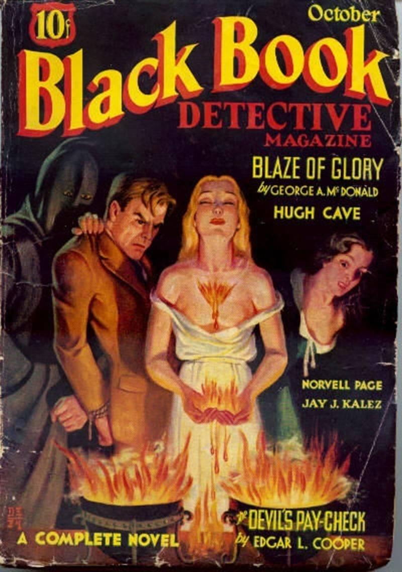 On offer is a defining menace-themed oil on canvas pulp cover painting by Rafael DeSoto which appeared on the October, 1934 issue of Black Book Detective Magazine, with an occult scene evoking the mysteries of Halloween. A provocatively posed blonde