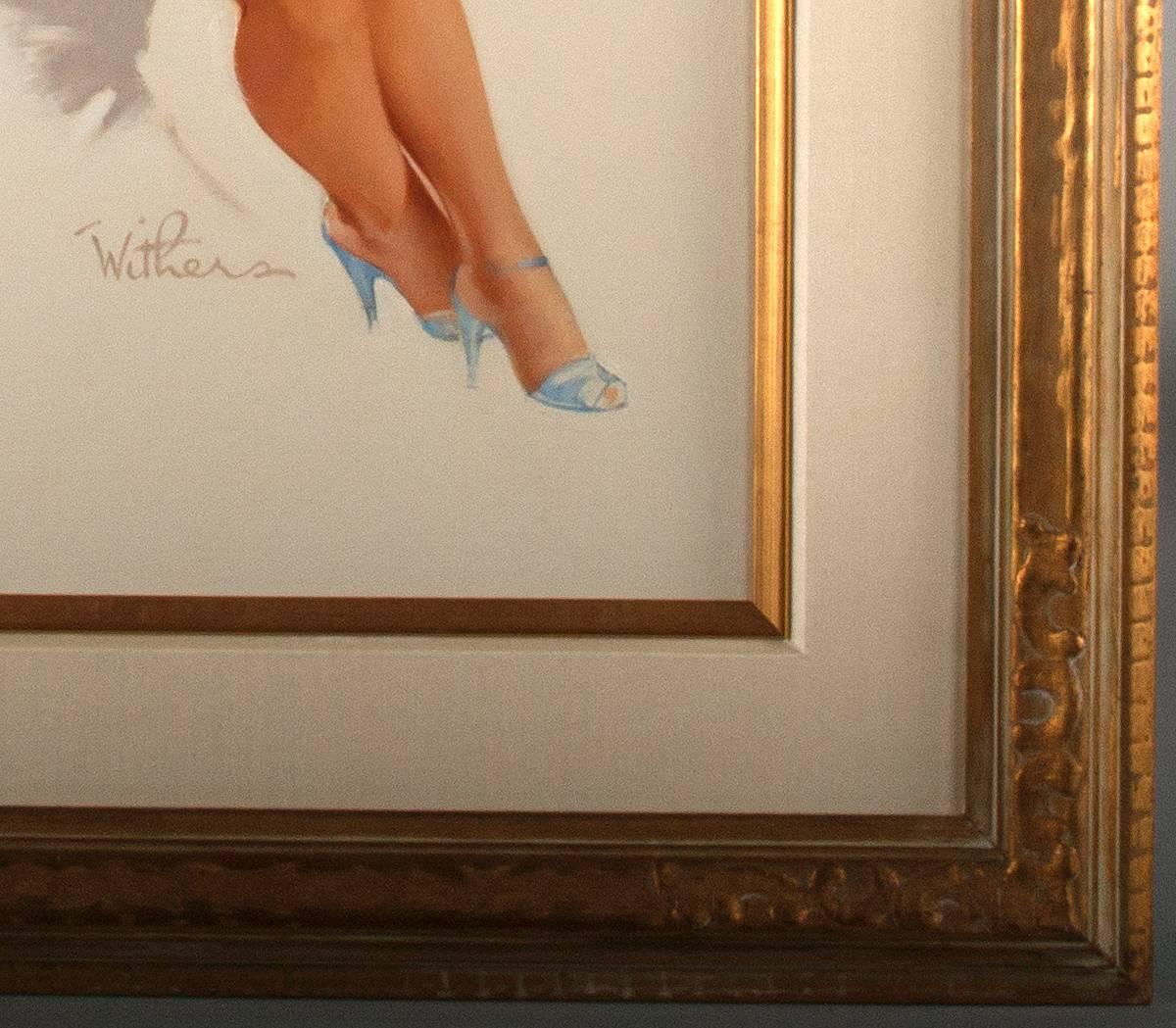 A tremendous example of a Brown & Bigelow published pin-up painting by Ted Withers used in a Roman themed sketchbook calendar titled; Bella Roma - In The Artist's Sketchbook. This painting, which appeared as the October 1960 calendar page, features