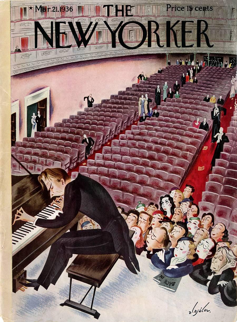 This original cover painting by noted Russian-American illustrator Constantin Alajalov was created for the March 21, 1936 edition of The New Yorker magazine. In the scene, what remains of a crowd of concert goers (most seem to have already taken to