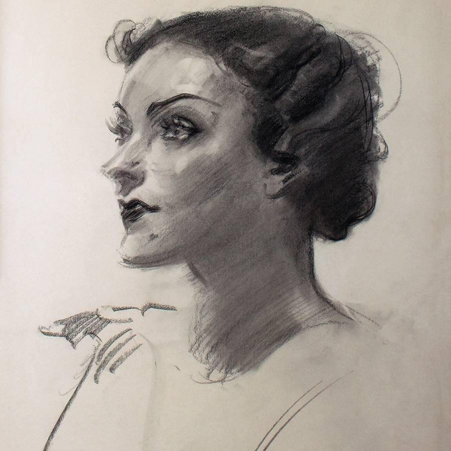 A sophisticated charcoal portrait by iconic and beloved American artist and illustrator James Montgomery Flagg, dated 1936. This severe yet fetching caricature-styled portrait of Hollywood film legend Gloria Swanson dates to her self-imposed seven