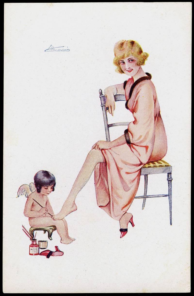 
This very well rendered and rare surviving watercolor illustration painting by the French boudoir artist Suzanne Meunier dates to around 1915-1920. Titled Les Ongles (The Nails), the image features a flirtatious flapper being given a pedicure from