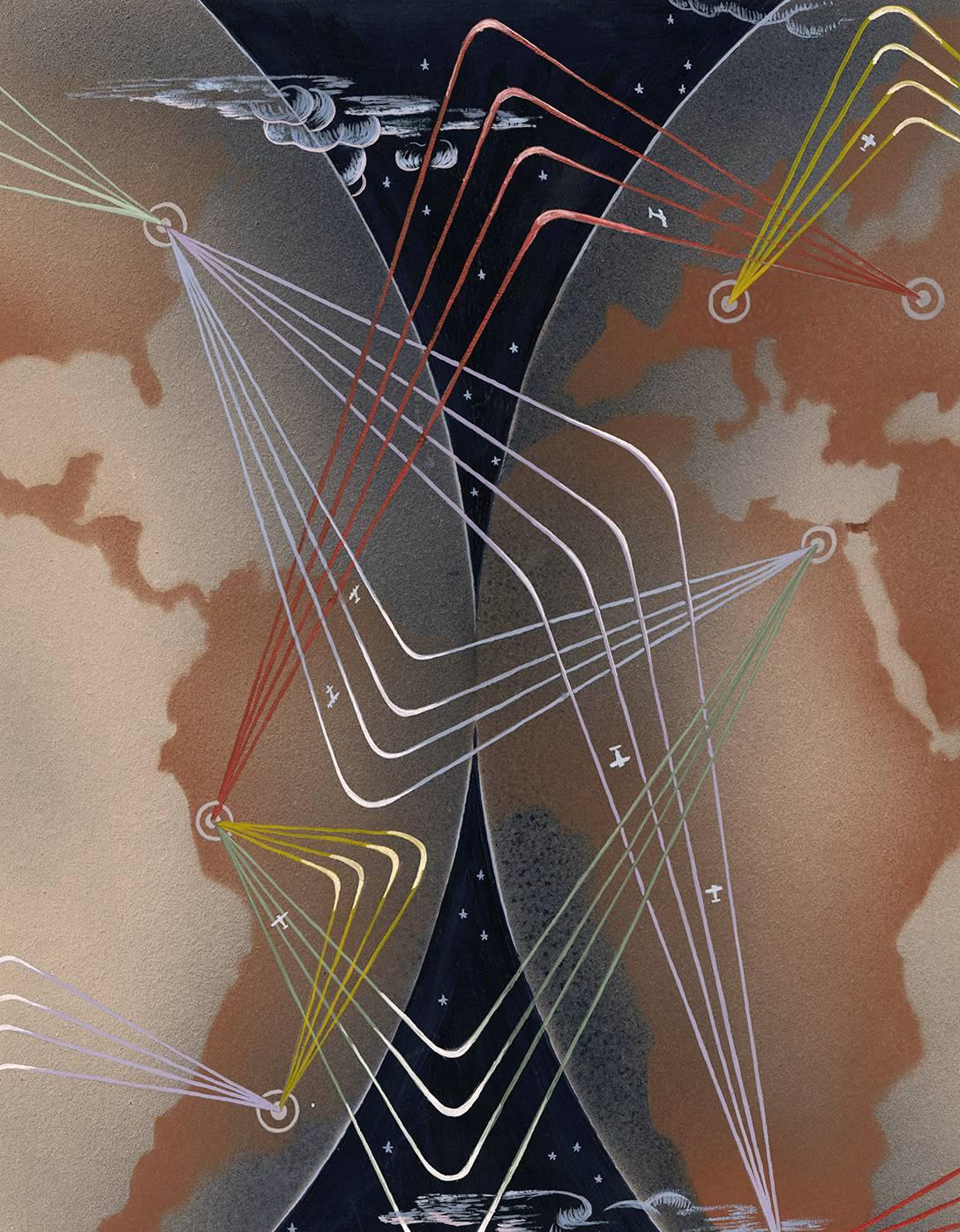 
The WPA artist and art deco designer Vladimir Yoffe created this smart and modern machine age commercial illustration as advertising for Pan Am World Airways. The imagery shows a dizzying map of the earth highlighted by the routes the early