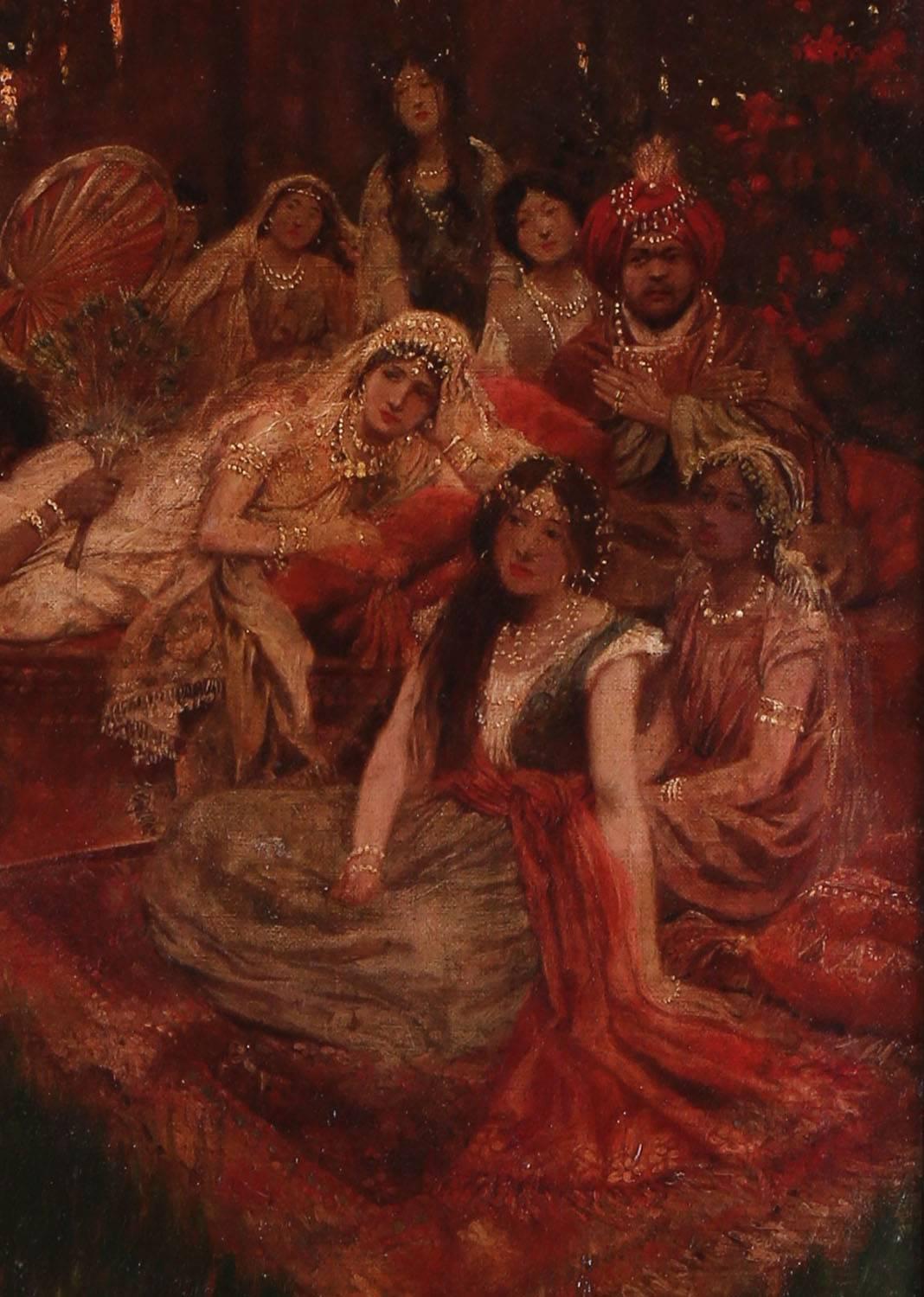 A deftly rendered, intricate, highly decorative oil on canvas painting by noted Brandywine School illustrator Arthur E. Becher, a student of Howard Pyle. An East Indian minstrel performs magic feats to the delight of his adoring harem in this