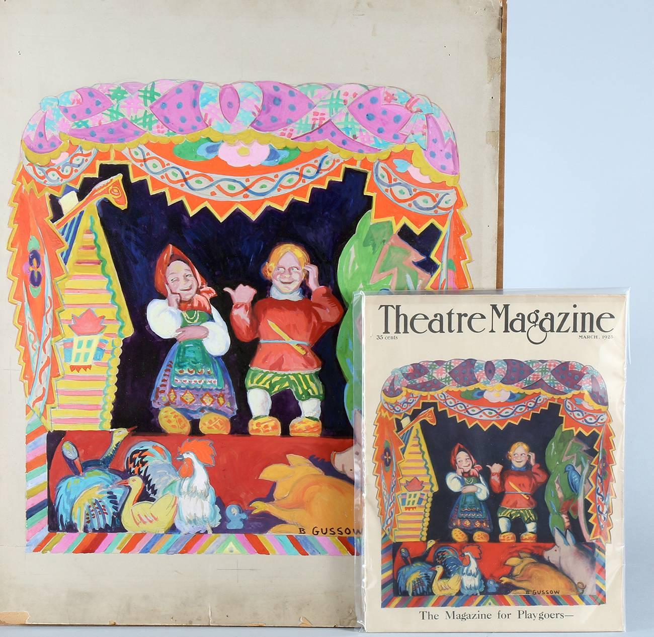 This narrative and colorful painting by the Russian-American illustrator Bernard Gussow appeared as the cover for the March, 1925 issue of Theatre Magazine - The Magazine For Playgoers. The image shows two rosy cheeked children in Eastern European