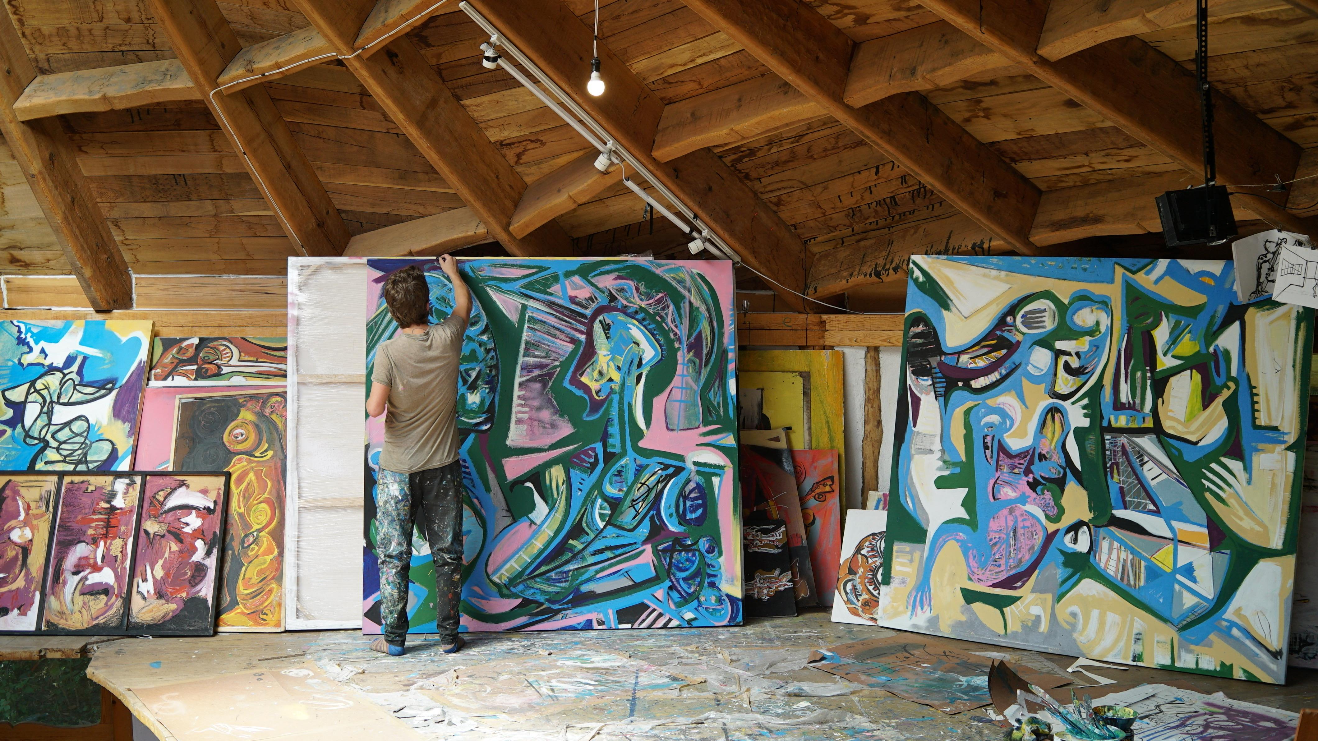 Mirando, Arte contemporanea, Pittura astratta, 21° secolo - Abstract Painting Blu di Fernando Esteban