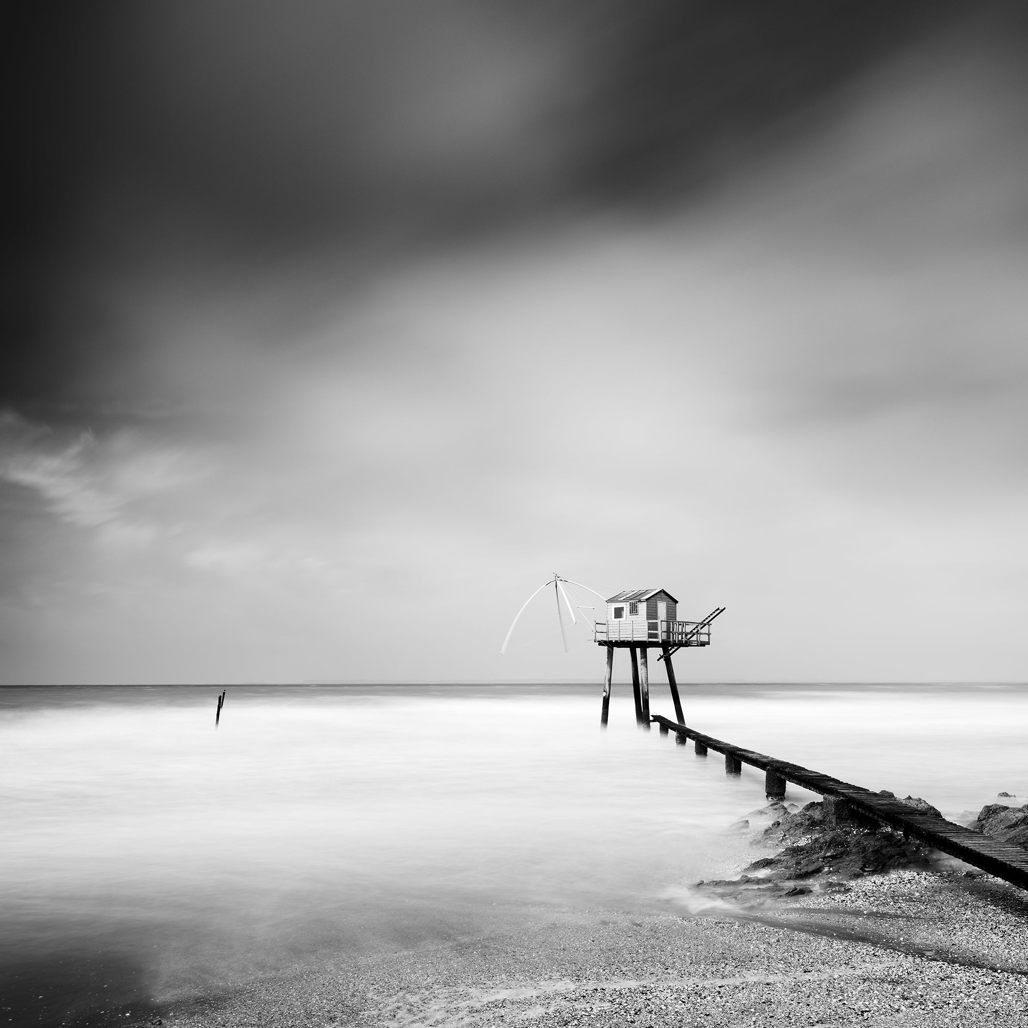 Fishing Hut on Stilts, black and white landscape photograph, limited edition