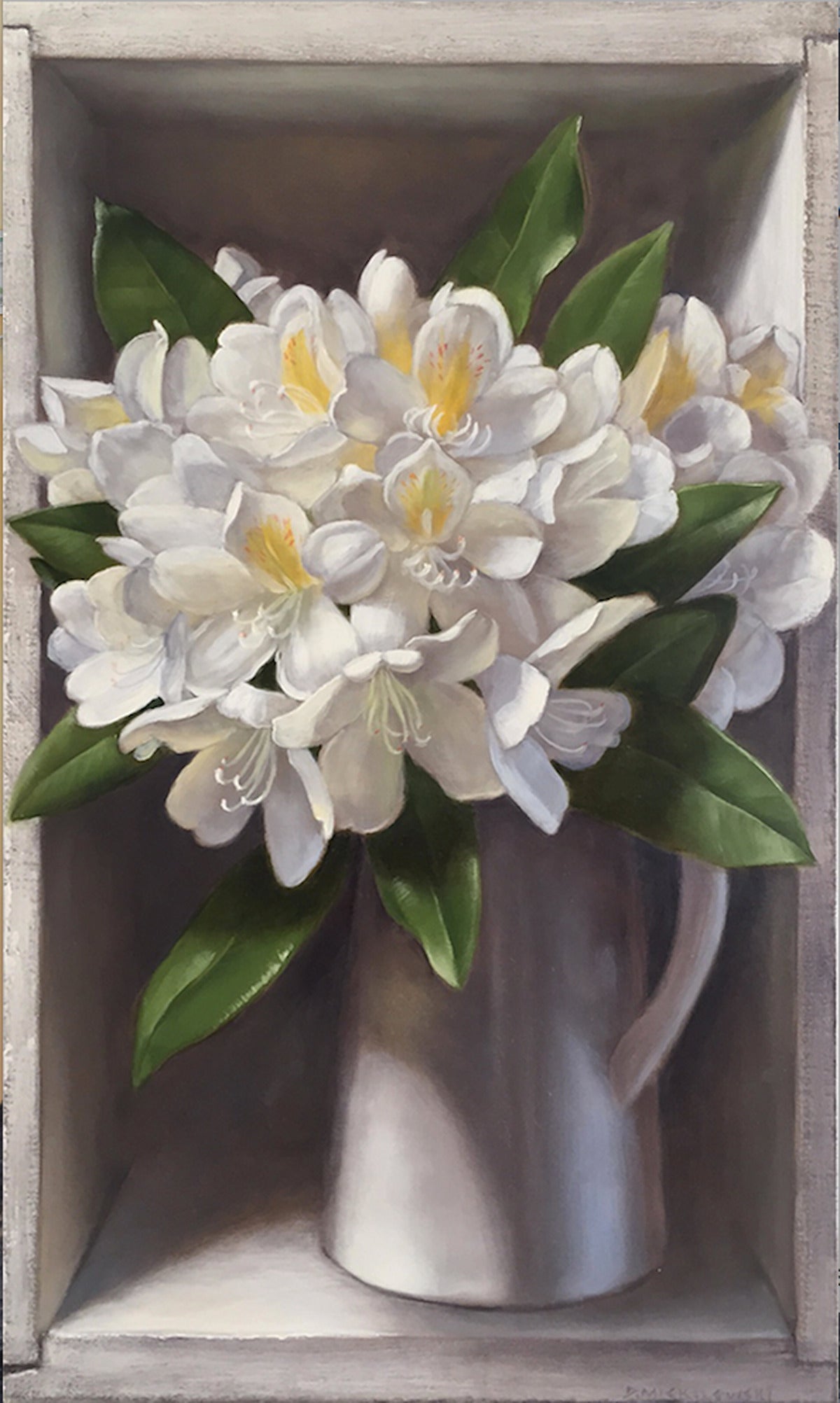Denise Mickilowski Still-Life Painting - White Rhoadie