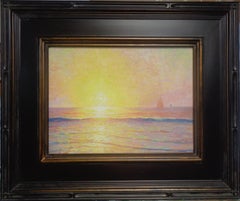 Peinture à l'huile « Ocean Beach Sunrise Seascape » de Michael Budden, représentant des bateaux « Glorius »