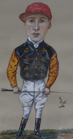 F.W. Hardy Won The St Leger In 1902 On Sceptre Jockey Pastel Watercolour Caricat