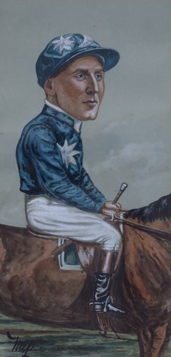 Percy Woodland (1884-1958) Jockey Pastel Watercolour Caricature Portrait by NAP