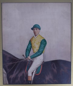 Jinete con camiseta amarilla, gorra y mangas verdes. Acuarela de Joshua Dighton