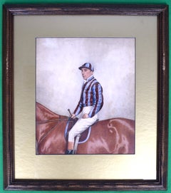 Jockey w/ Blue & Brown Stripe Silks Watercolour by Joshua Dighton