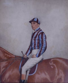 Jockey w/ Blue & Brown Stripe Silks Watercolour by Joshua Dighton