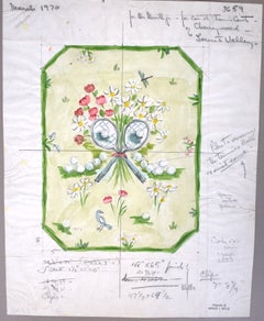 Dessin à l'aquarelle pour un tapis « Celadon » orné de raquettes de tennis barrées d'un « X », 1970, par George Wells