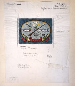 Motif à l'aquarelle pour un tapis de bar représentant un club de golf barré d'une croix, un fusil de chasse et une bouteille de champagne
