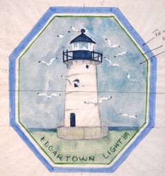 Motif à l'aquarelle pour un tapis vert écume de mer représentant le phare d'Edgartown