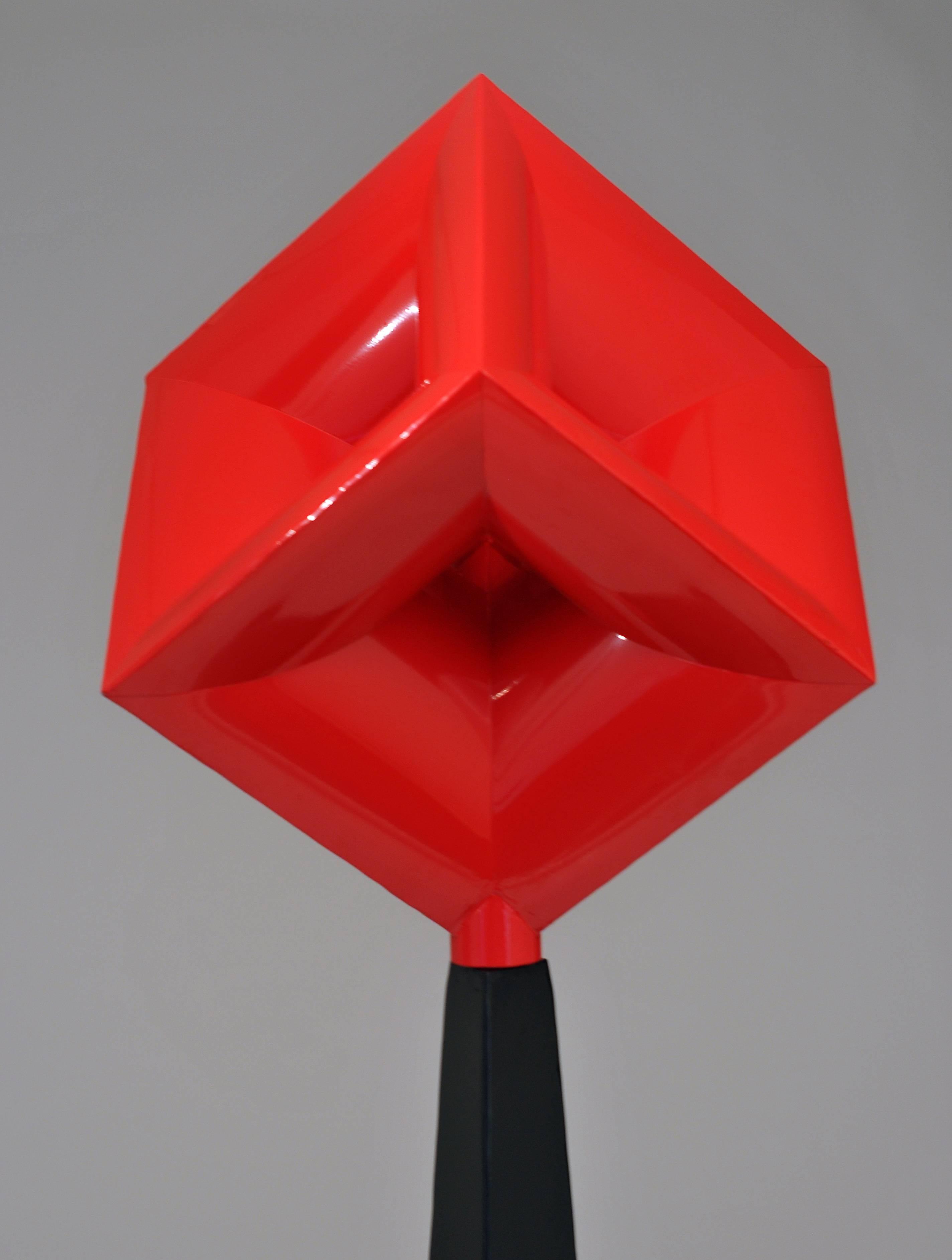 Red Imploding Cube - Sculpture by John E. Simms
