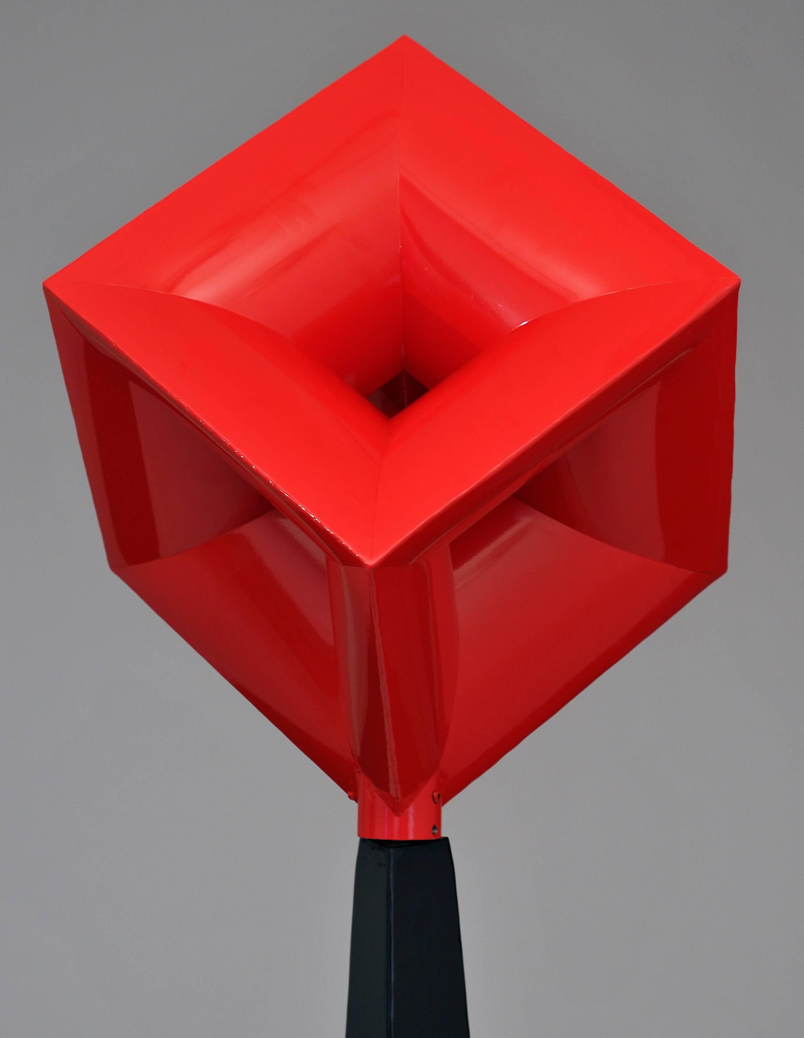 John E. Simms Abstract Sculpture - Red Imploding Cube
