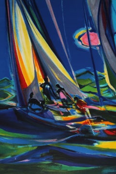 Stampa in edizione limitata incorniciata di Marcel Mouly, “Yachtmen au Ciel Bleu” – Astratto marino