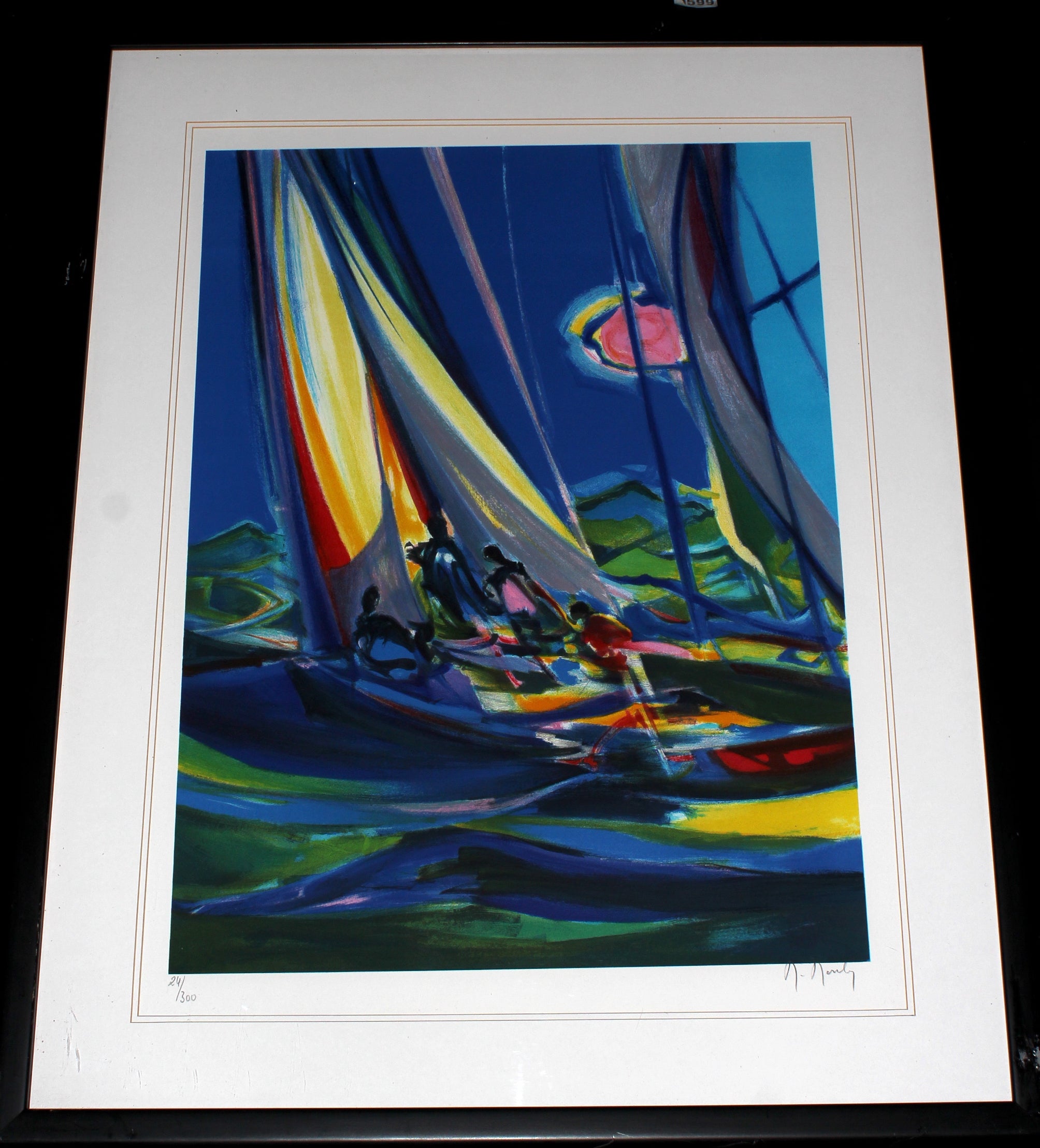 Stampa in edizione limitata incorniciata di Marcel Mouly, “Yachtmen au Ciel Bleu” – Astratto marino