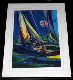Stampa in edizione limitata incorniciata di Marcel Mouly, “Yachtmen au Ciel Bleu” – Astratto marino