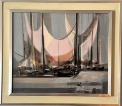 Original Mid Century Modern Abstract Harbor Oil Painting Signed M.Mouly Voiliers