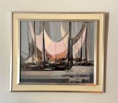 Original Mid Century Modern Abstract Harbor Oil Painting Signed M.Mouly Voiliers