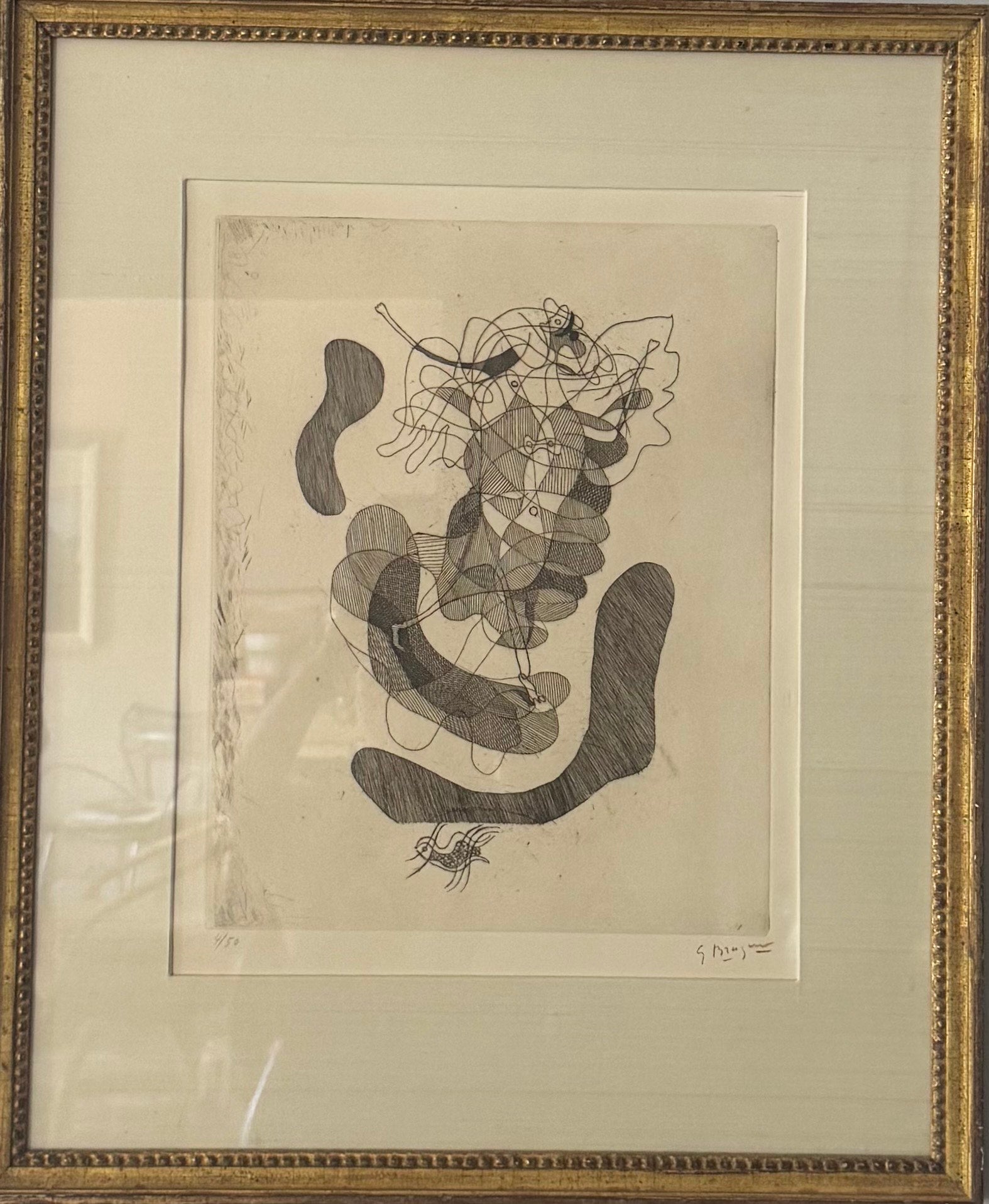 This vertically oriented etching features an intricate, central cluster of fluidly overlapping contours, densely filled sections of cross-hatching, and dark, flat biomorphic shapes floating on either side. The figures lack rigid bodily boundaries,