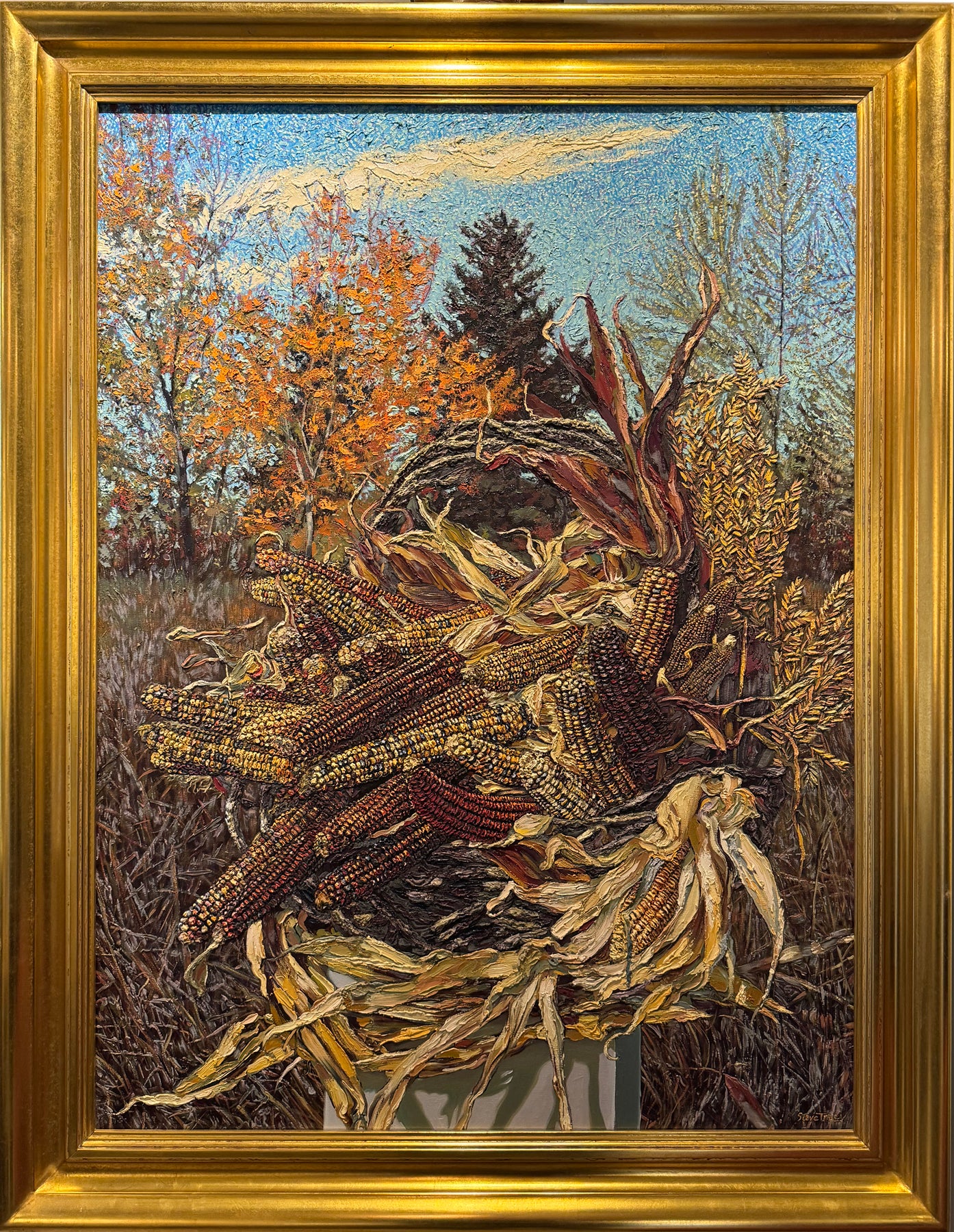 Carnival Corn by Steve Tracy
40x30" image size (48" x 38" including the ornate, gilded gallery frame)
Original Oil on Canvas, Signed lower right as pictured.
The piece showcases Tracy’s highly recognizable, signature impasto style. The heavy,