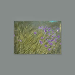 Wild And Free - Landscape, Green Grass, Purple Flowers, 5"x7" Artwork On Paper