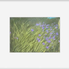 Wild And Free - Landscape, Green Grass, Purple Flowers, 5"x7" Artwork On Paper