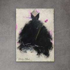 Une seule tulipe - Tulipe rose, robe noire, nature morte, œuvre d'art sur papier, 5"x7"