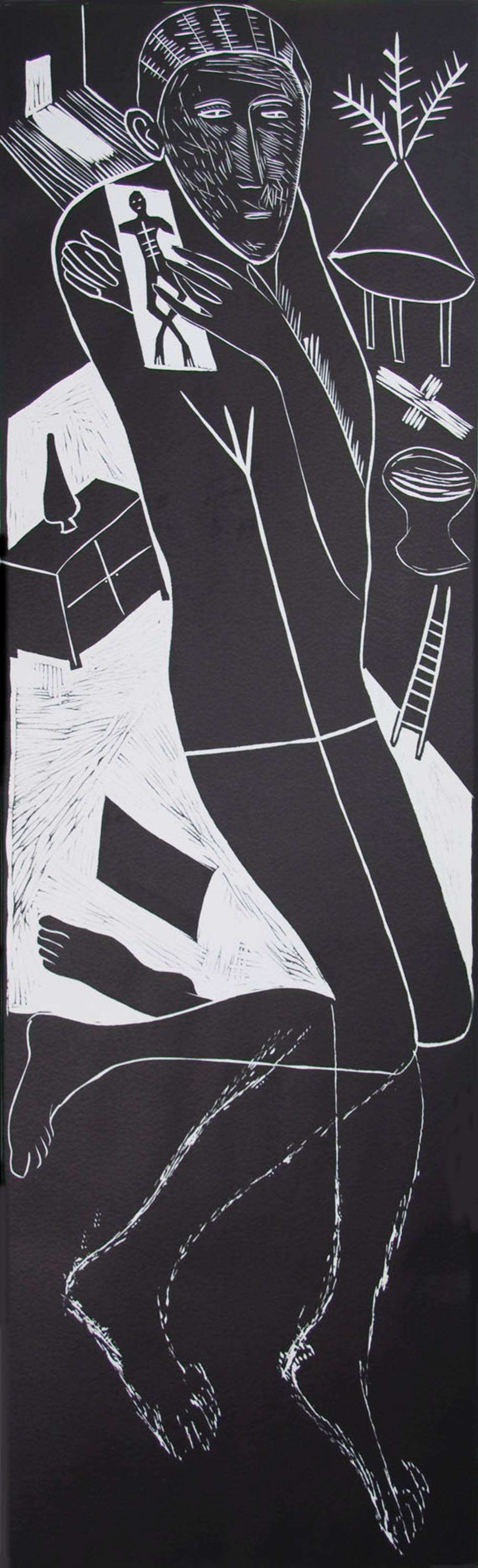 Atlantico II ( Figure Kneeling with Ladder & Chest of Drawers) - Print by Mimmo Paladino
