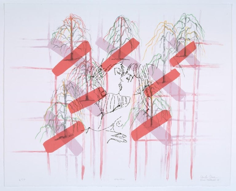 Reza Farkhondeh & Ghada Amer Figurative Print - Ghada Amer & Reza Farkhondeh, Kiss Cross, 2006, (1/2) Lithograph with Hand Sewn