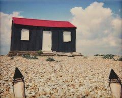 Landed – Emma Summerton, Polaroid, Colour, High Heels, Seascape, Beach, Sky, Hut