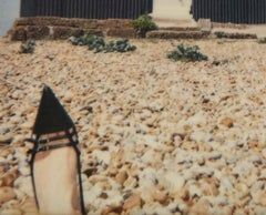 Landed – Emma Summerton, Polaroid, Colour, High Heels, Seascape, Beach, Sky, Hut