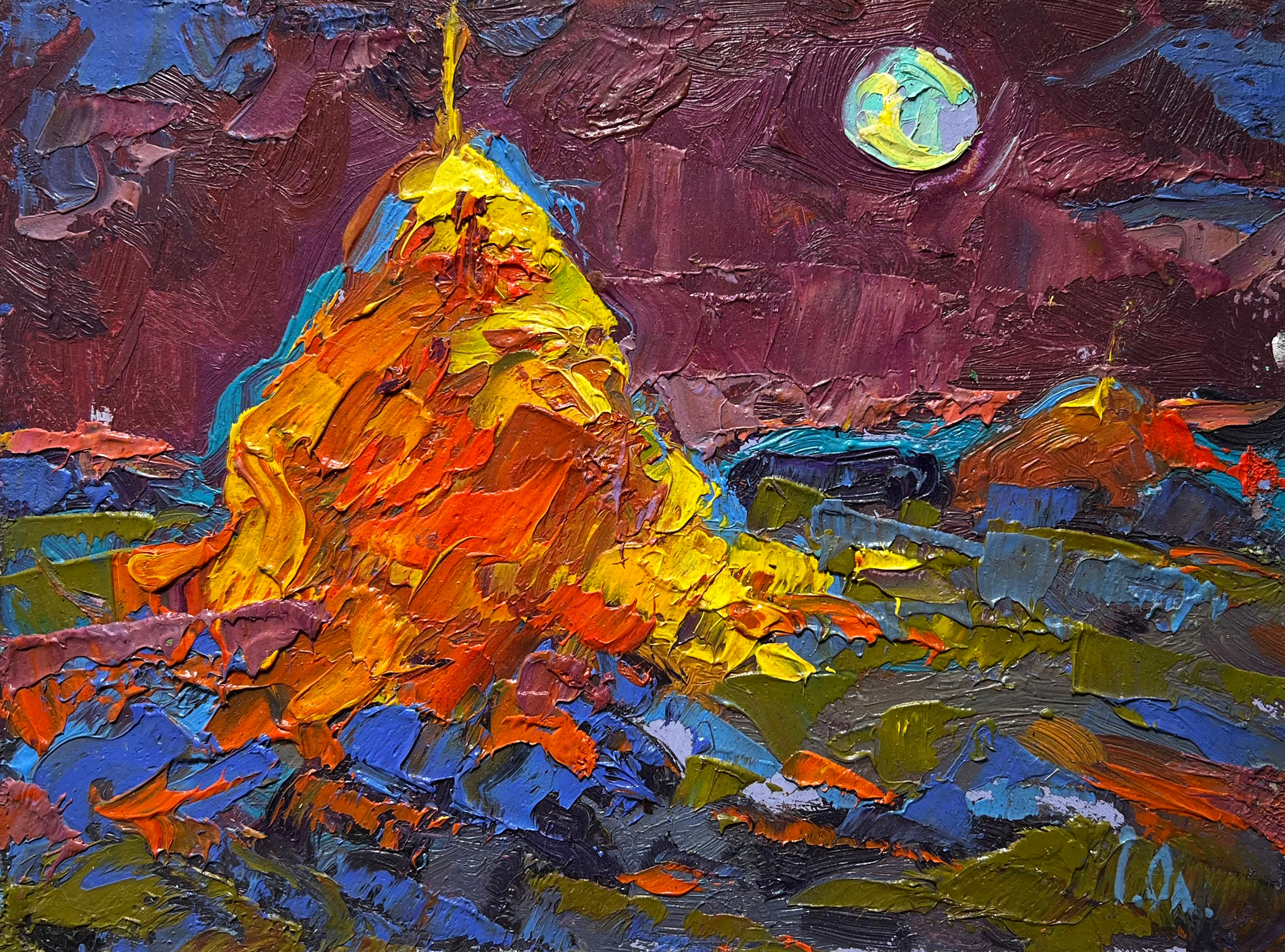 Oleksiy Ivanyuk Landscape Painting - Moonlit night in the field, Landscape Oil Painting Impressionism