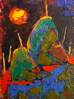 Yellow moon in the field, Landscape Oil Painting Impressionism