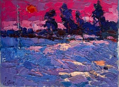 Peinture à l'huile représentant un paysage hivernal glacial au crépuscule – Postimpressionnisme