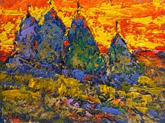 Coucher de soleil cramoisi dans un champ – Peinture à l'huile de paysage – Postimpressionnisme