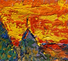 Coucher de soleil cramoisi dans un champ – Peinture à l'huile de paysage – Postimpressionnisme