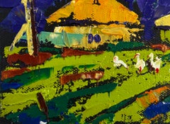 Cielo sereno sobre la tierra dormida. Pintura al óleo de un paisaje. Postrrealismo.