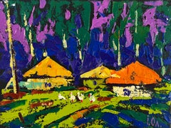 Cielo sereno sobre la tierra dormida. Pintura al óleo de un paisaje. Postrrealismo.