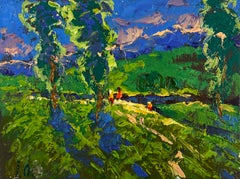 Vacaciones de verano y caminos rurales. Pintura al óleo paisajística. Postrrealismo.