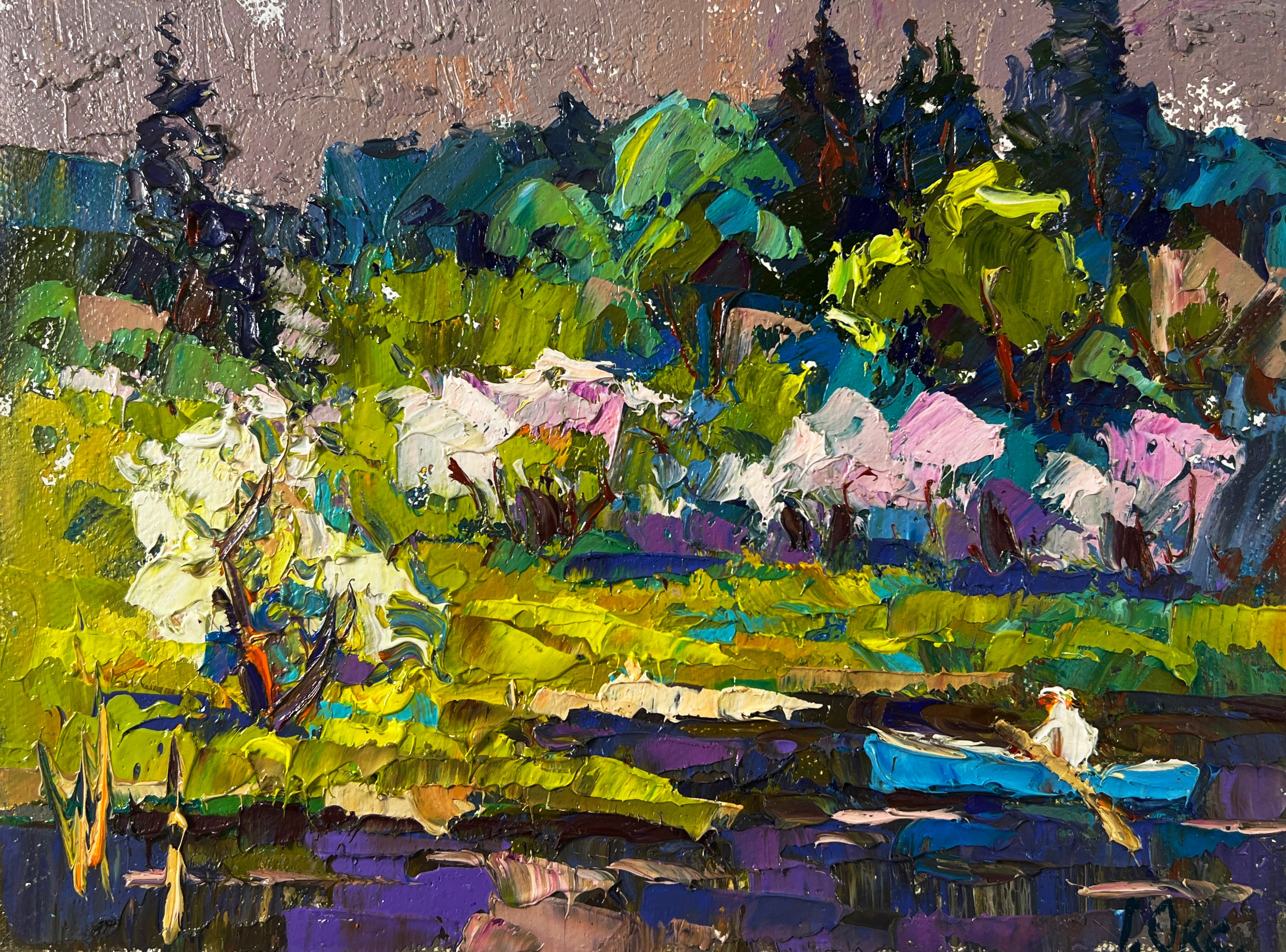 Oleksiy Ivanyuk Landscape Painting - Breath of spring in green groves Landscape Oil Painting Post Impressionism