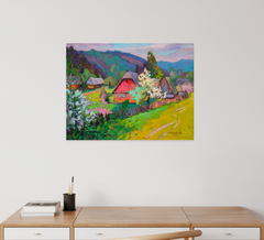Peinture à l'huile originale de style impressionniste représentant un paysage printanier, prête à être accrochée