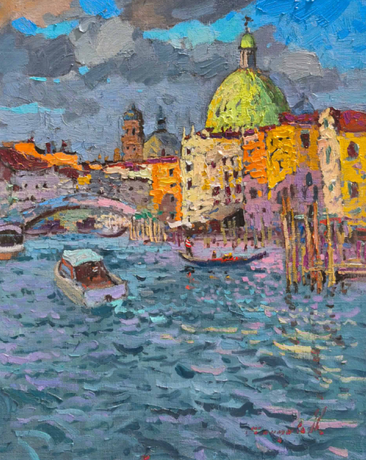 Alexander Shandor Landscape Painting – Kanäle von Venedig – Stadtansicht im Stil des Impressionismus – Original-Ölgemälde, fertig zum Aufhängen