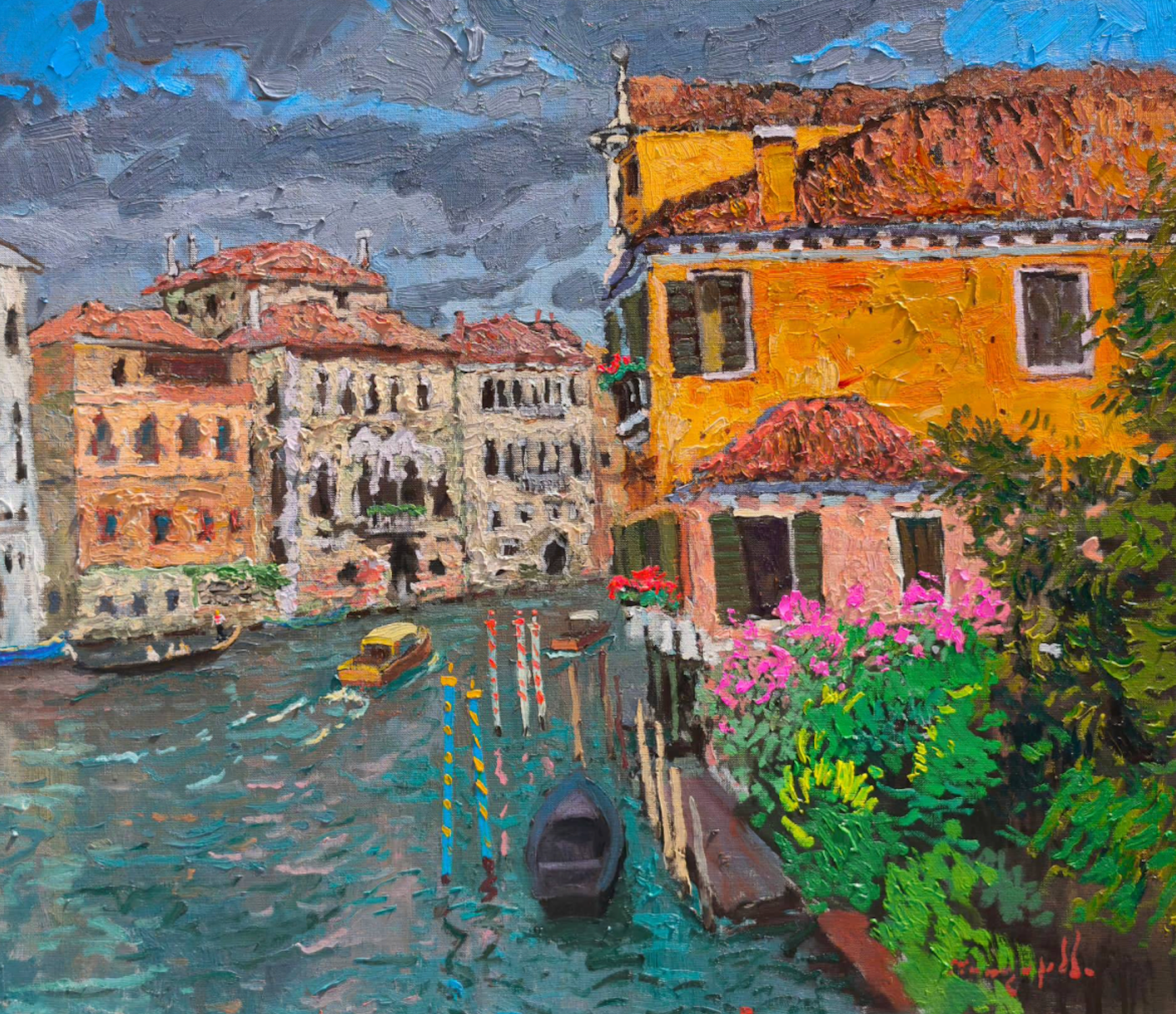 Landscape Painting di Alexander Shandor - "Sulle acque di Venezia" - Dipinto a olio originale in stile impressionista, pronto da appendere