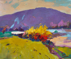 Dipinto originale a olio in stile impressionista “Montagne in controluce”, pronto da appendere
