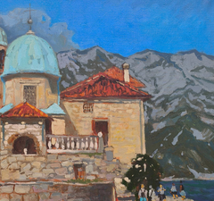 Nuestra Señora de las Rocas, Perast: cuadro original al óleo de estilo impresionista, listo para colgar